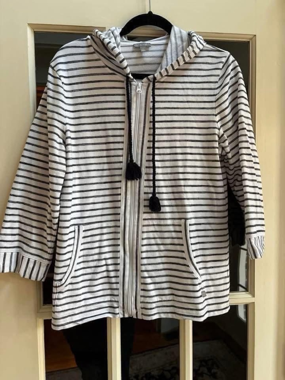 Talbots Cream and Black Striped Zip Hoodie with Braided Drawstrings